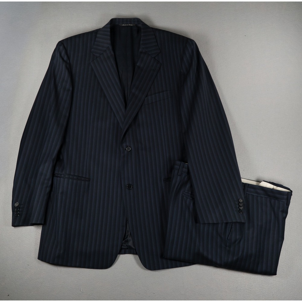 Canali Mens Pinstripe Suit 56L Pure Wool 2 Button Navy Blue Made in Italy